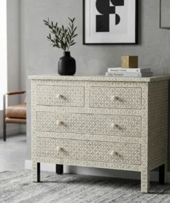 Bone Inlay Chest of 4 Drawers in modern living room with wall decor and chair
