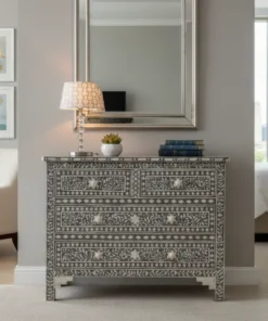 Bone Inlay Chest of 4 Drawers in Grey Floral Pattern placed in modern living room