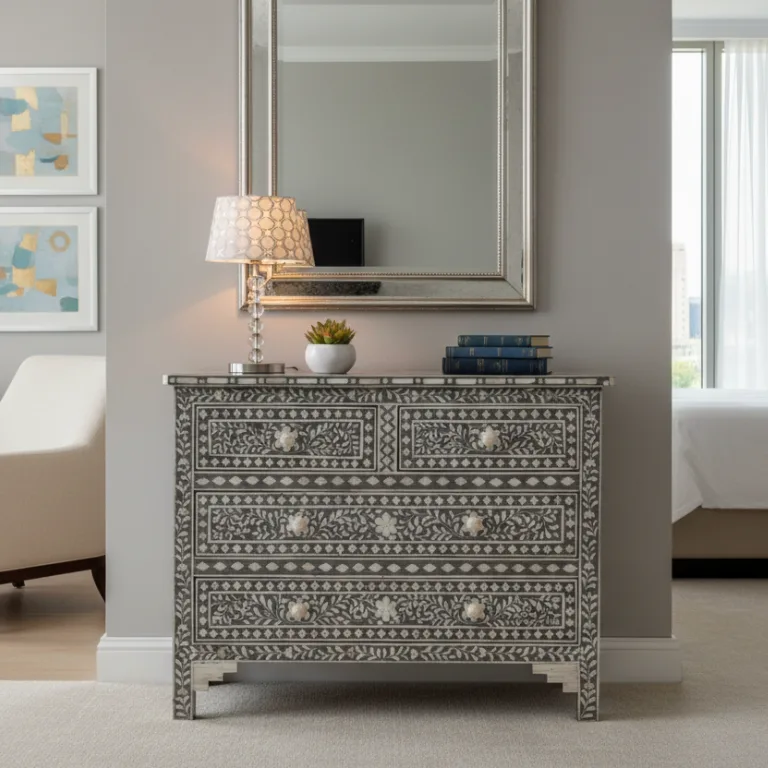 bone-inlay-chest-of-4-drawers-grey Bone Inlay Chest of 4 Drawers in Grey Floral Pattern placed in modern living room