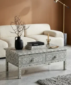 Bone Inlay Grey Floral 2 Drawer Coffee Table in modern living room with sofa set