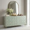 Bone inlay Moroccan design 9 drawer storage dresser placed in modern living room with large wall mirror and décor items