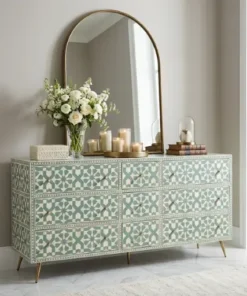 Bone inlay Moroccan design 9 drawer storage dresser placed in modern living room with large wall mirror and décor items