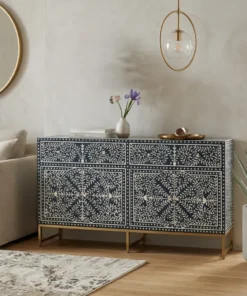 Luxury Navy Blue Bone Inlay Cabinet / Cupboard in Modern living room with sofa and wall mirror