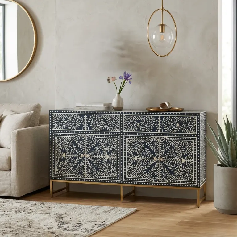 bone-inlay-navy-blue-cabinet-cupboard Luxury Navy Blue Bone Inlay Cabinet / Cupboard in Modern living room with sofa and wall mirror