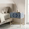 Bone Inlay Navy Blue Ikat 1 Drawer Nightstand in modern bedrrom with beige bed and decor items