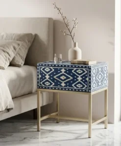 Bone Inlay Navy Blue Ikat 1 Drawer Nightstand in modern bedrrom with beige bed and decor items