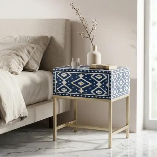 Bone Inlay Navy Blue Ikat 1 Drawer Nightstand in modern bedrrom with beige bed and decor items