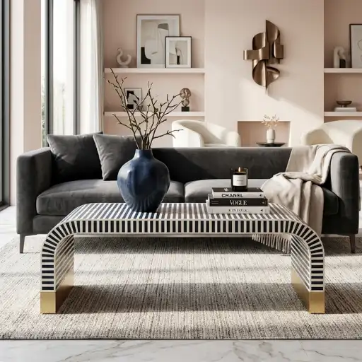 Luxury navy blue bone inlay waterfall coffee table in contemporary living room with dark grey sofa and wall decor items