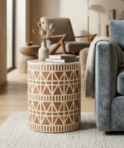 Brown bone inlay designer side table for living room