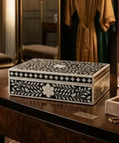Classic black bone inlay floral jewelry storage box in luxury vanity room with items