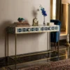 Handmade Dark Blue Bone Inlay Console Table Brass Base I Lattice Pattern with decor items