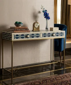 Handmade Dark Blue Bone Inlay Console Table Brass Base I Lattice Pattern with decor items