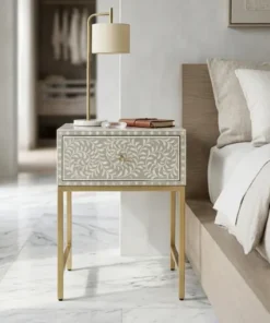 Handmade Grey Bone Inlay Floral 1 Drawer Bedside Nightstand for Luxury Bedroom Furniture