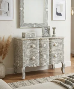 grey bone inlay 2 drawer chest styled in contemporary living room with wall mirror