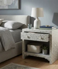 Grey Bone Inlay 2 Drawers Bedside Table Floral Pattern