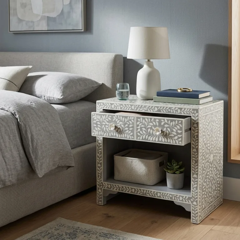 grey-bone-inlay-2-drawer-nightstand (1) Grey Bone Inlay 2 Drawers Bedside Table Floral Pattern