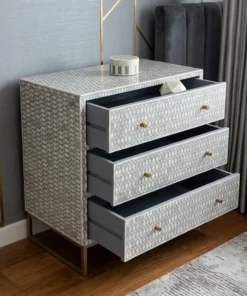 Grey Bone Inlay Chest of 3 Drawer with Open Drawer in living room