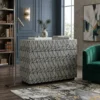 Grey Bone Inlay 4 Drawer Chest placed in modern living room with green sofa