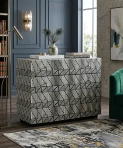 Grey Bone Inlay 4 Drawer Chest placed in modern living room with green sofa