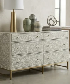 Grey Bone Inlay Chest of 6 Drawers in Leaf Pattern
