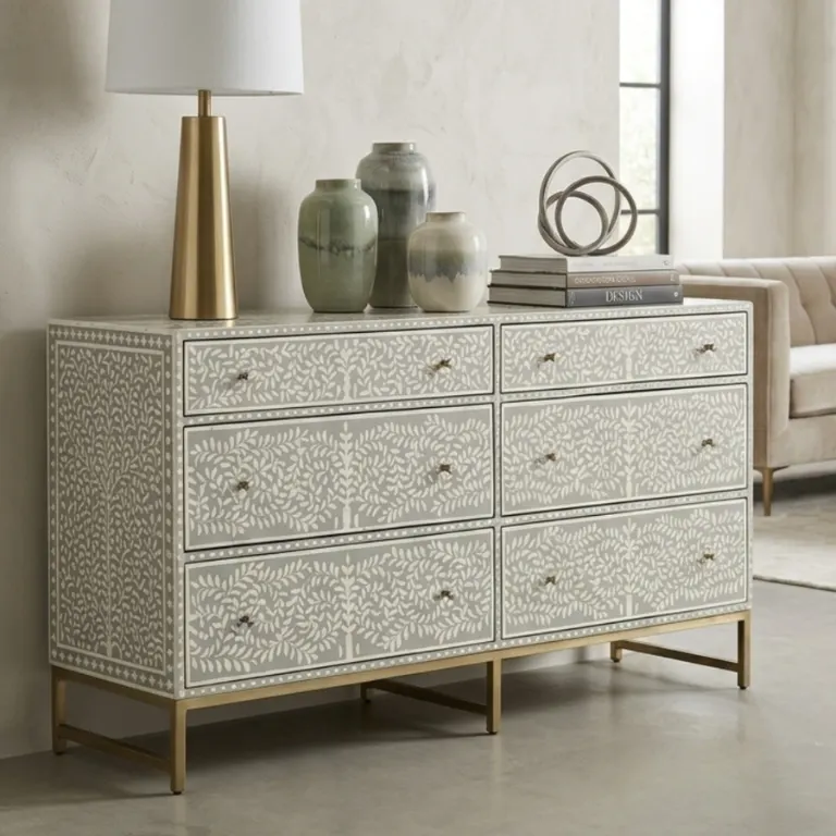 grey-bone-inlay-6-drawer-chest (1) Grey Bone Inlay Chest of 6 Drawers in Leaf Pattern