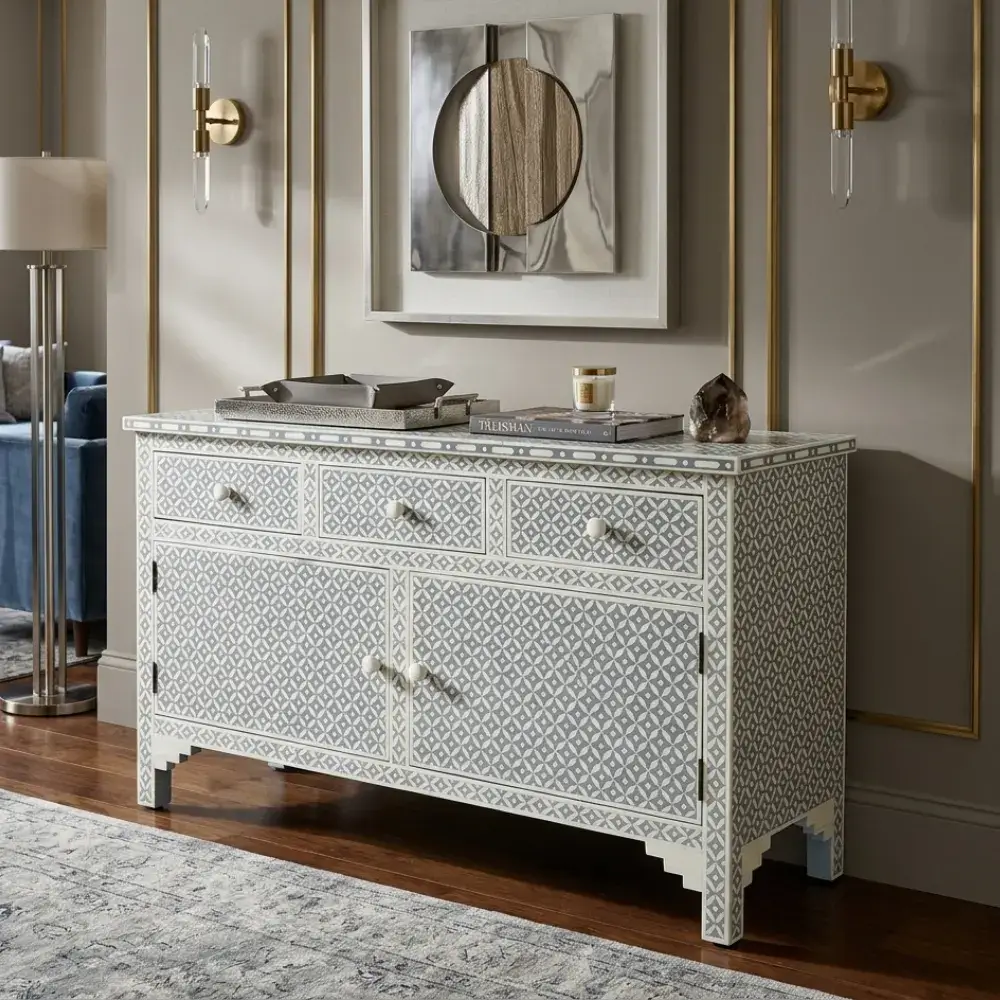grey-bone-inlay-chest-of-3-drawer (1) grey bone inlay chest of 3 drawer placed in luxury living room with decor items