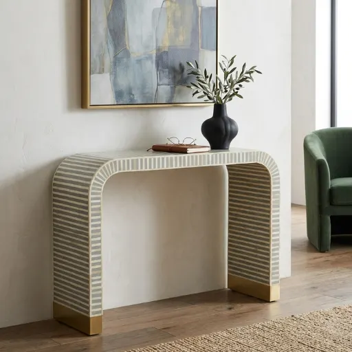 Grey bone inlay stripe design waterfall console table handmade luxury furniture