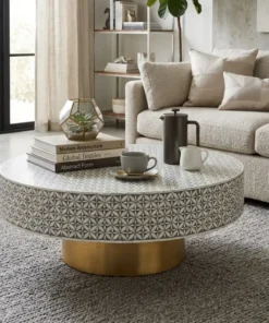 Grey Mother Of Pearl Inlay Round Coffee Table in modern living room