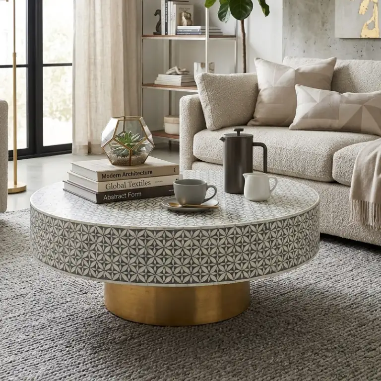 Grey Mother Of Pearl Inlay Round Coffee Table in modern living room