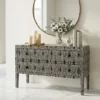 Handmade black bone inlay 2 drawer chest dresser in modern living room with large round mirror