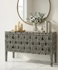 Handmade black bone inlay 2 drawer chest dresser in modern living room with large round mirror