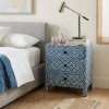Handmade Navy Blue Bone Inlay Ikat Nightstand in modern bedroom with decor