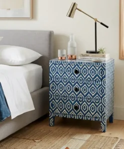Handmade Navy Blue Bone Inlay Ikat Nightstand in modern bedroom with decor
