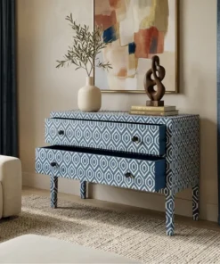 Bone Inlay Chest of 2 Drawers Ikkat In Blue in beige living room with home decor