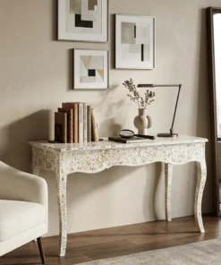 Mother Of Pearl Inlaid Long White Curved Writing Desk in beige living room with books and chair