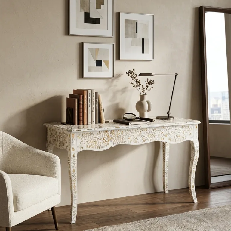 mother-Of-Pearl-Inlaid-Long-White-Curved-Writing-Desk Mother Of Pearl Inlaid Long White Curved Writing Desk in beige living room with books and chair