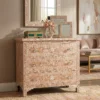 Mother of Pearl Chest of 3 Drawers Floral Design in Blush Pink Color placed in luxury living room with decor items