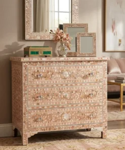 Mother of Pearl Chest of 3 Drawers Floral Design in Blush Pink Color placed in luxury living room with decor items