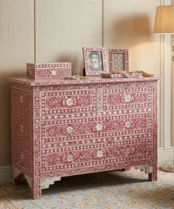 Handmade Mother of Pearl Inlay 4 Drawer Pink Chest decor with inlay photo frame and décor box