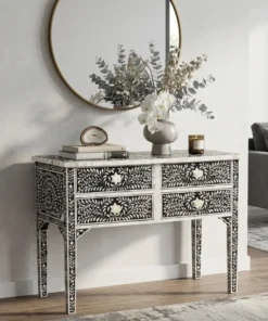 Mother of Pearl Inlay Console Table and Desk with 4 drawers placed in modern suite room with decor