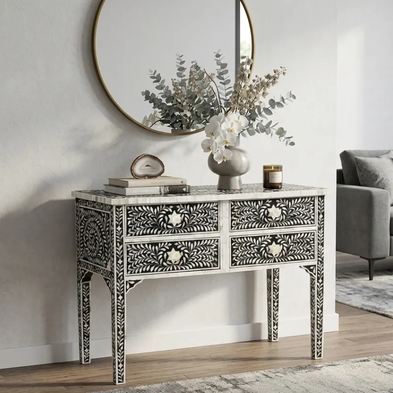 mother-of-pearl-inlay-console-black Mother of Pearl Inlay Console Table and Desk with 4 drawers placed in modern suite room with decor