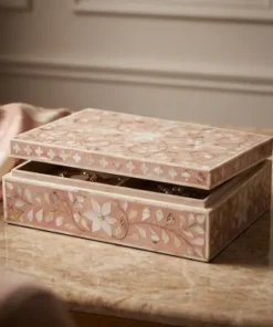 Pink Mother of Pearl inlay floral jewelry storage box with handmade decorative design