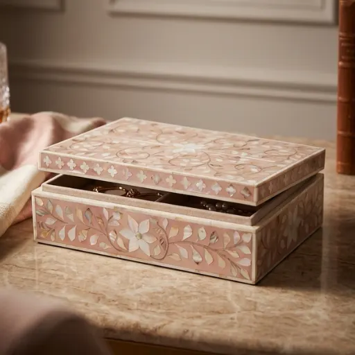 Pink Mother of Pearl inlay floral jewelry storage box with handmade decorative design