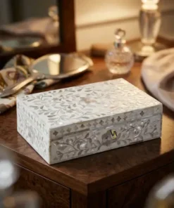 White Mother of Pearl inlay floral jewelry storage box with handmade decorative design