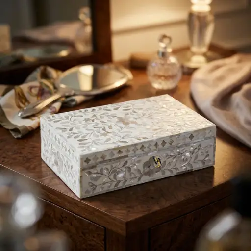 White Mother of Pearl inlay floral jewelry storage box with handmade decorative design