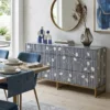 Handmade Navy Blue Bone Inlay Chest of 6 Drawers Flower Motif design placed in modern dining area