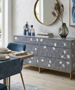 Handmade Navy Blue Bone Inlay Chest of 6 Drawers Flower Motif design placed in modern dining area