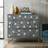 Bone Inlay Chest of 3 Drawers Floral Design in Navy Blue With Brass Stand