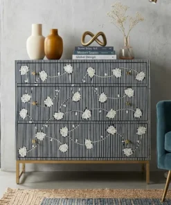 Bone Inlay Chest of 3 Drawers Floral Design in Navy Blue With Brass Stand