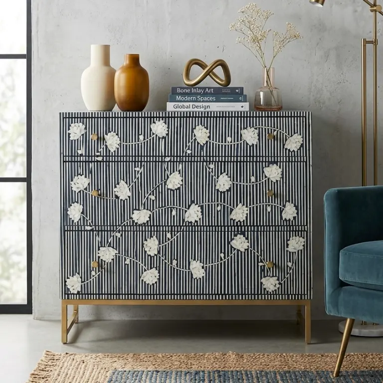 Bone Inlay Chest of 3 Drawers Floral Design in Navy Blue With Brass Stand